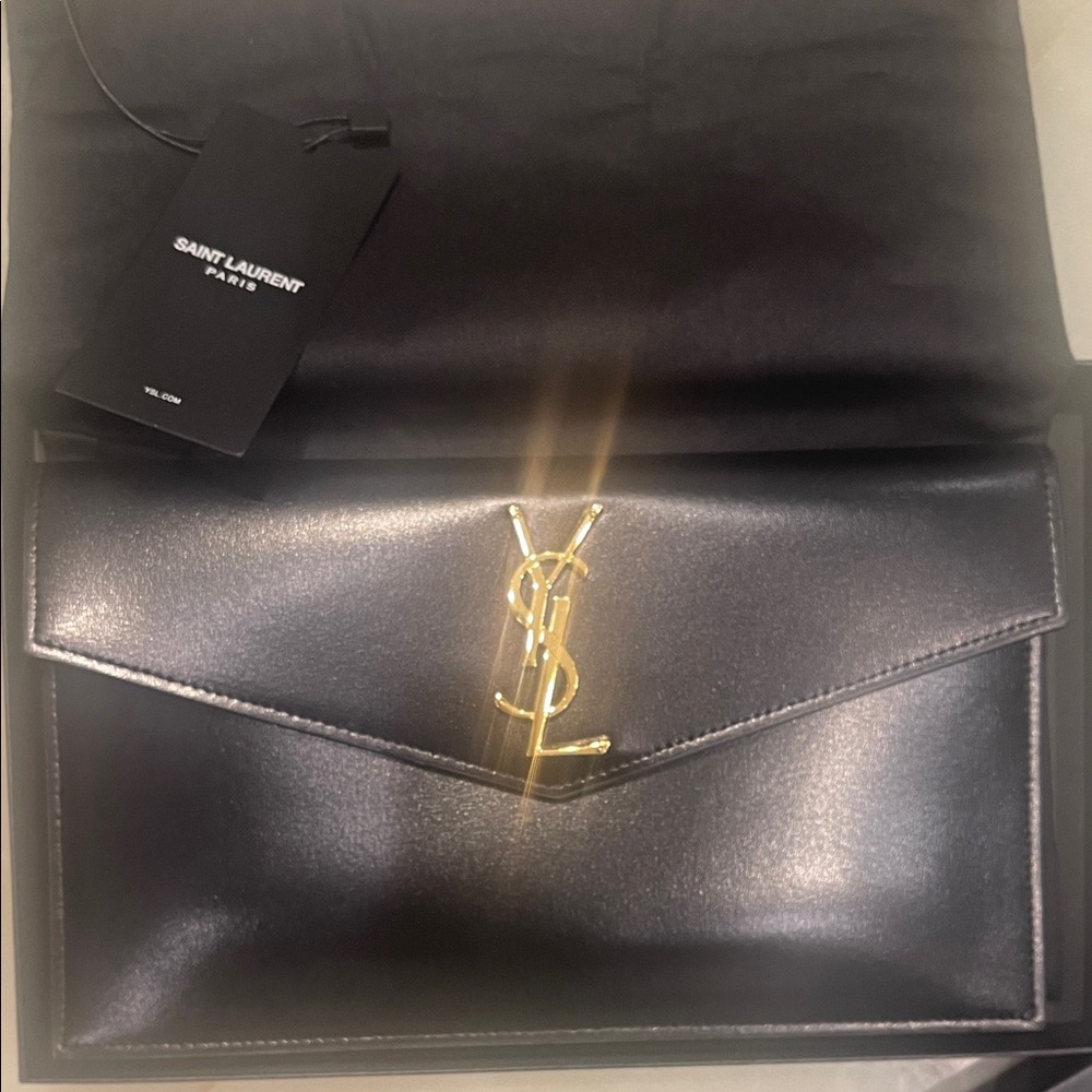 Saint Laurent Black Envelope Clutch with Gold Emblem